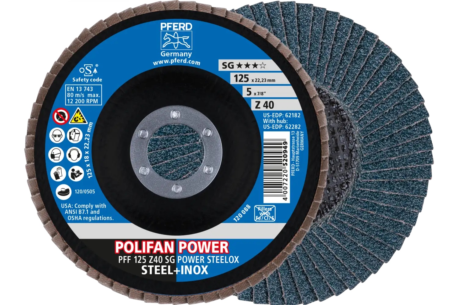 Picture of Pferd Flap Disc, 5" x 7/8, Z SG Power Steelox, 40 Grit, T27, Flat, Zirconia